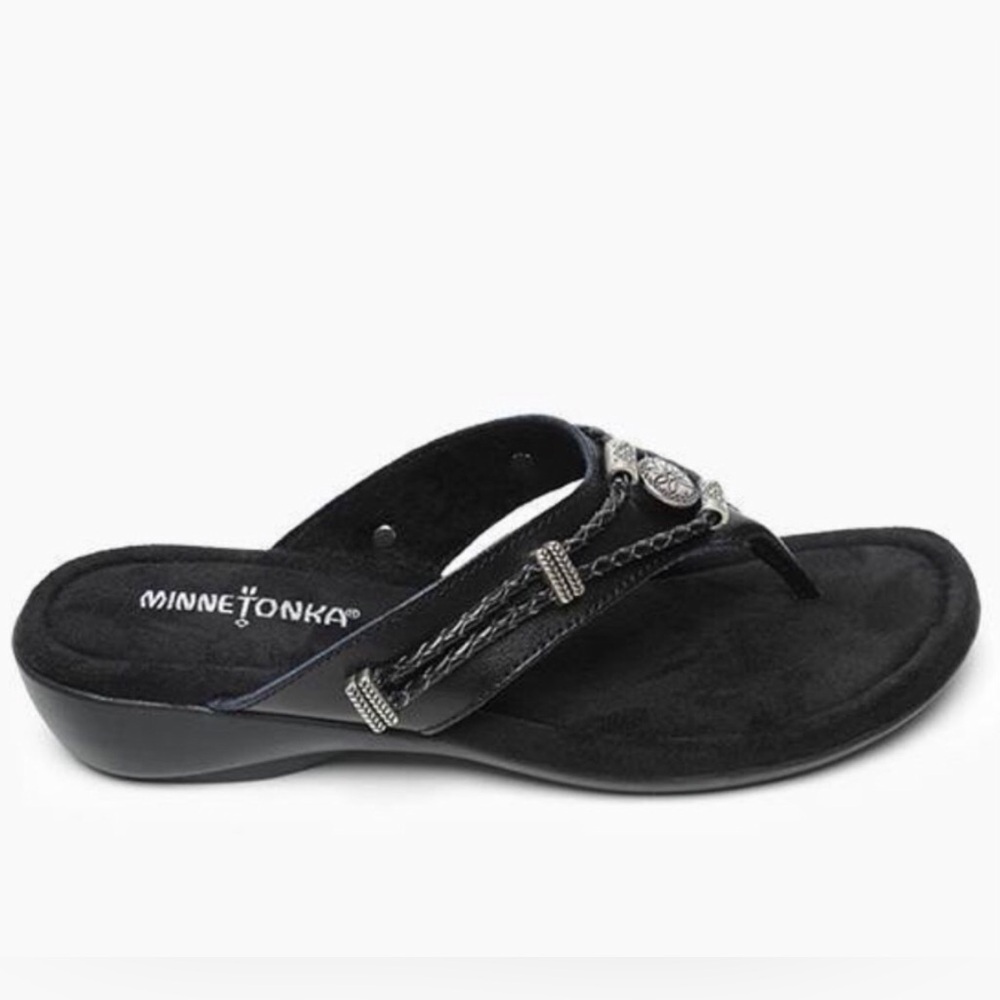 Minnetonka Black Leather Braided Thong Sandals Womens Size 10 Southwestern Boho - Picture 1 of 11